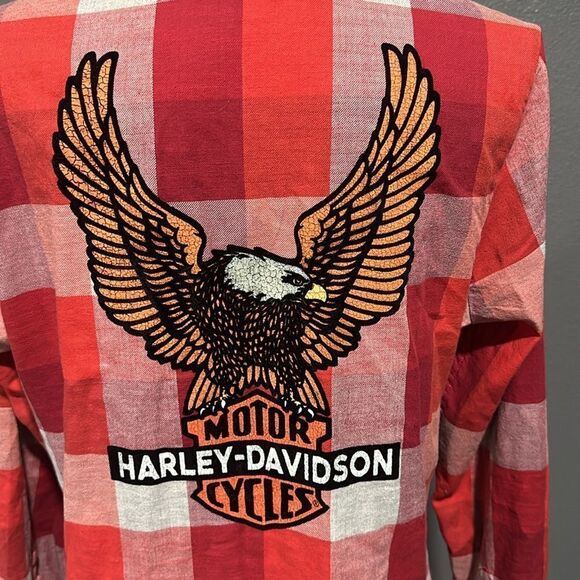 Harley Davidson Eagle Plaid Long Sleeve Button Up Shirt Red Gray L - Picture 5 of 7
